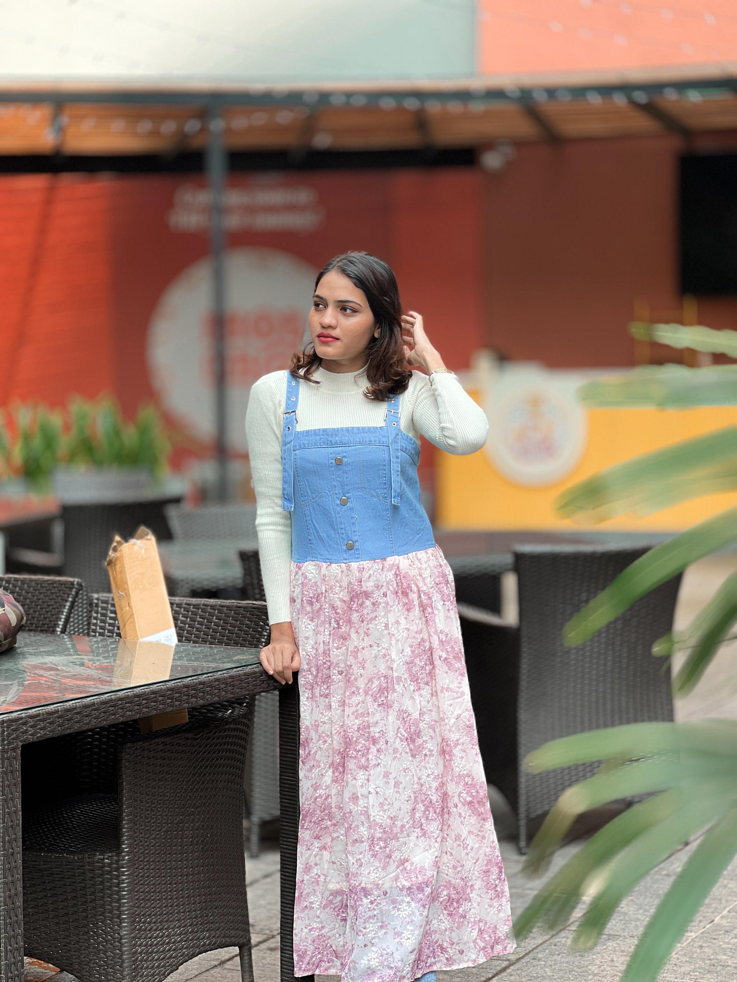 Pink / Mint tFloral Denim Fusion Maxi Dress