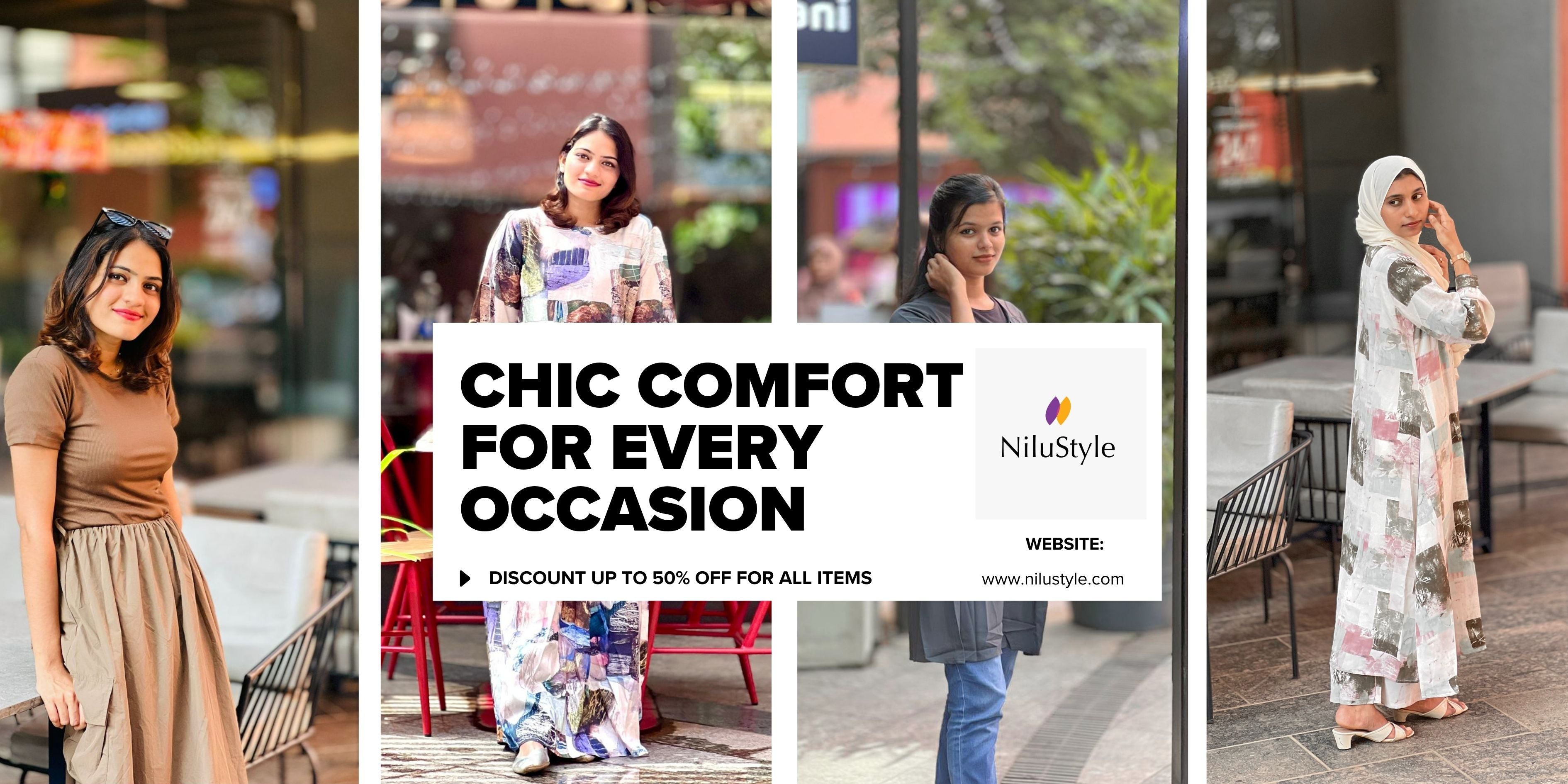 Promotional collage for NilaStyle featuring women in various outfits with a discount message.