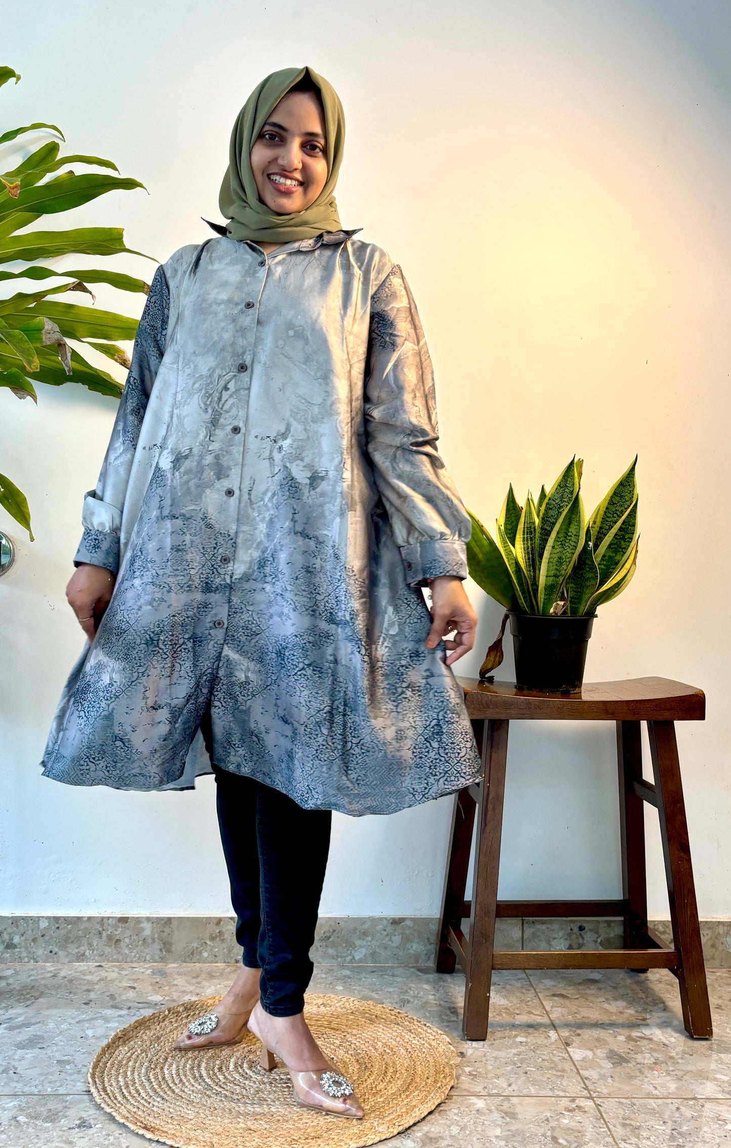 Satin top with easy button access – perfect for nursing moms!