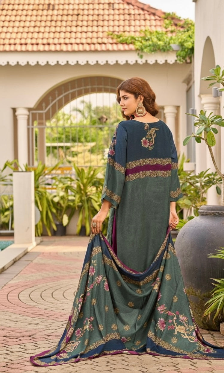 Pure Viscose Maslin Digital Print Non-Stitched 3-Piece Suit Set with Handwork