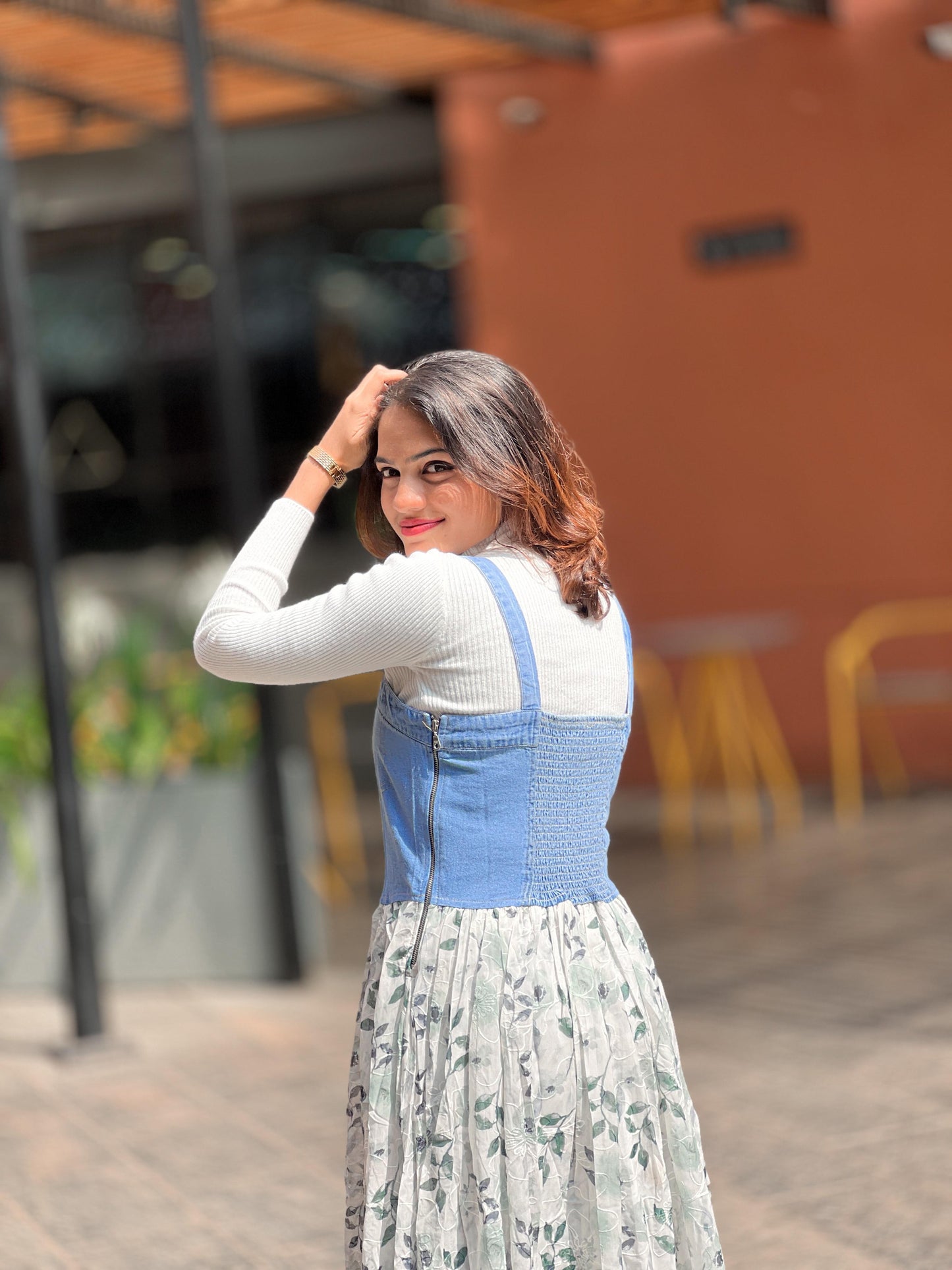 Pink / Mint tFloral Denim Fusion Maxi Dress