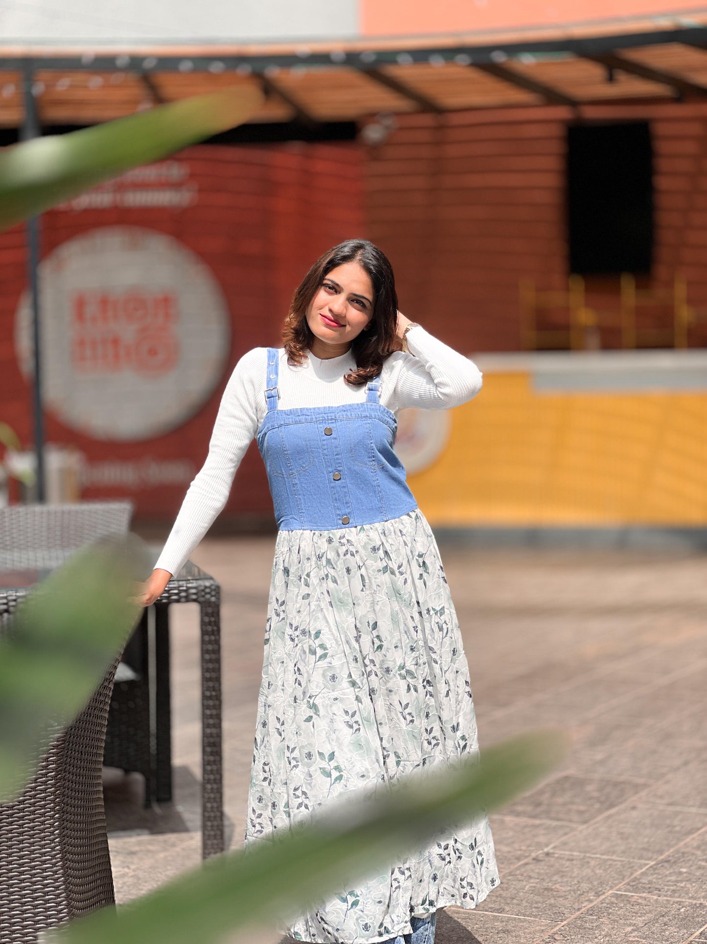 Pink / Mint tFloral Denim Fusion Maxi Dress