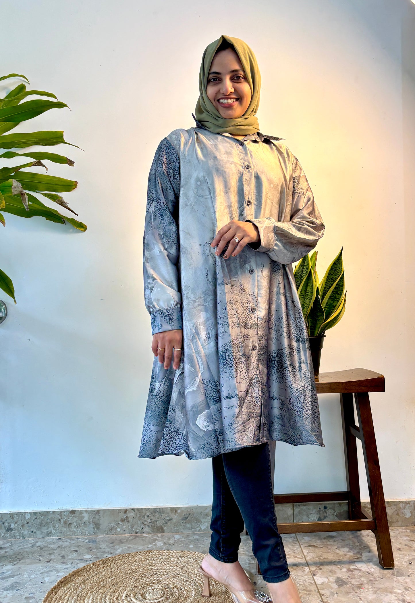 Satin top with easy button access – perfect for nursing moms!
