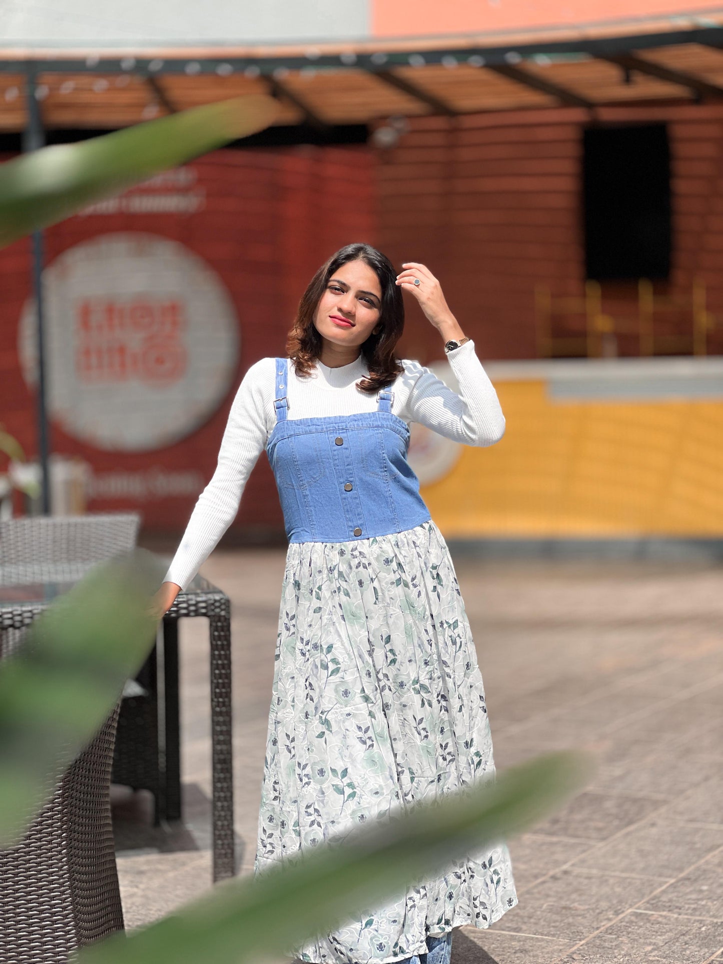 Pink / Mint tFloral Denim Fusion Maxi Dress