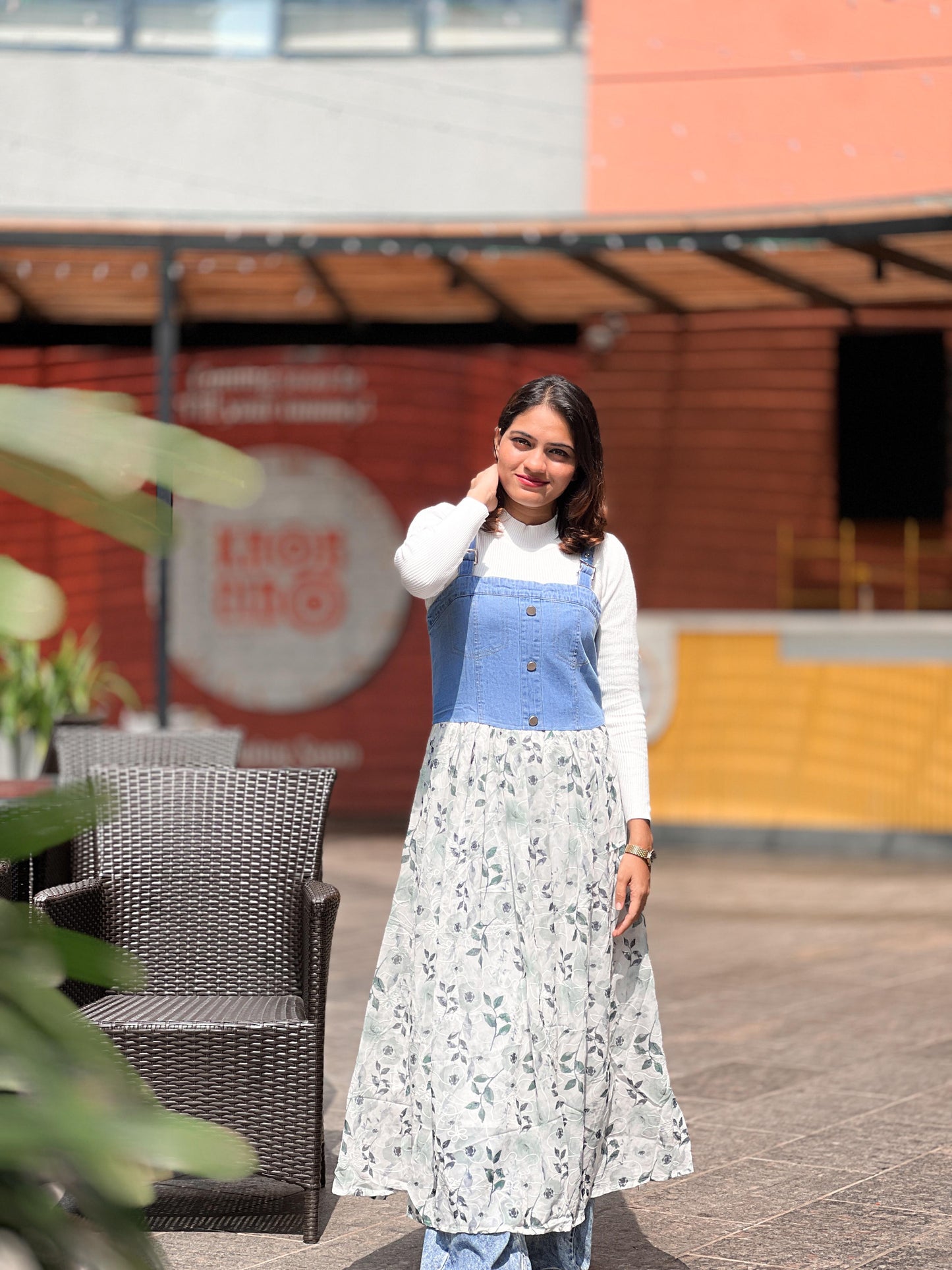 Pink / Mint tFloral Denim Fusion Maxi Dress
