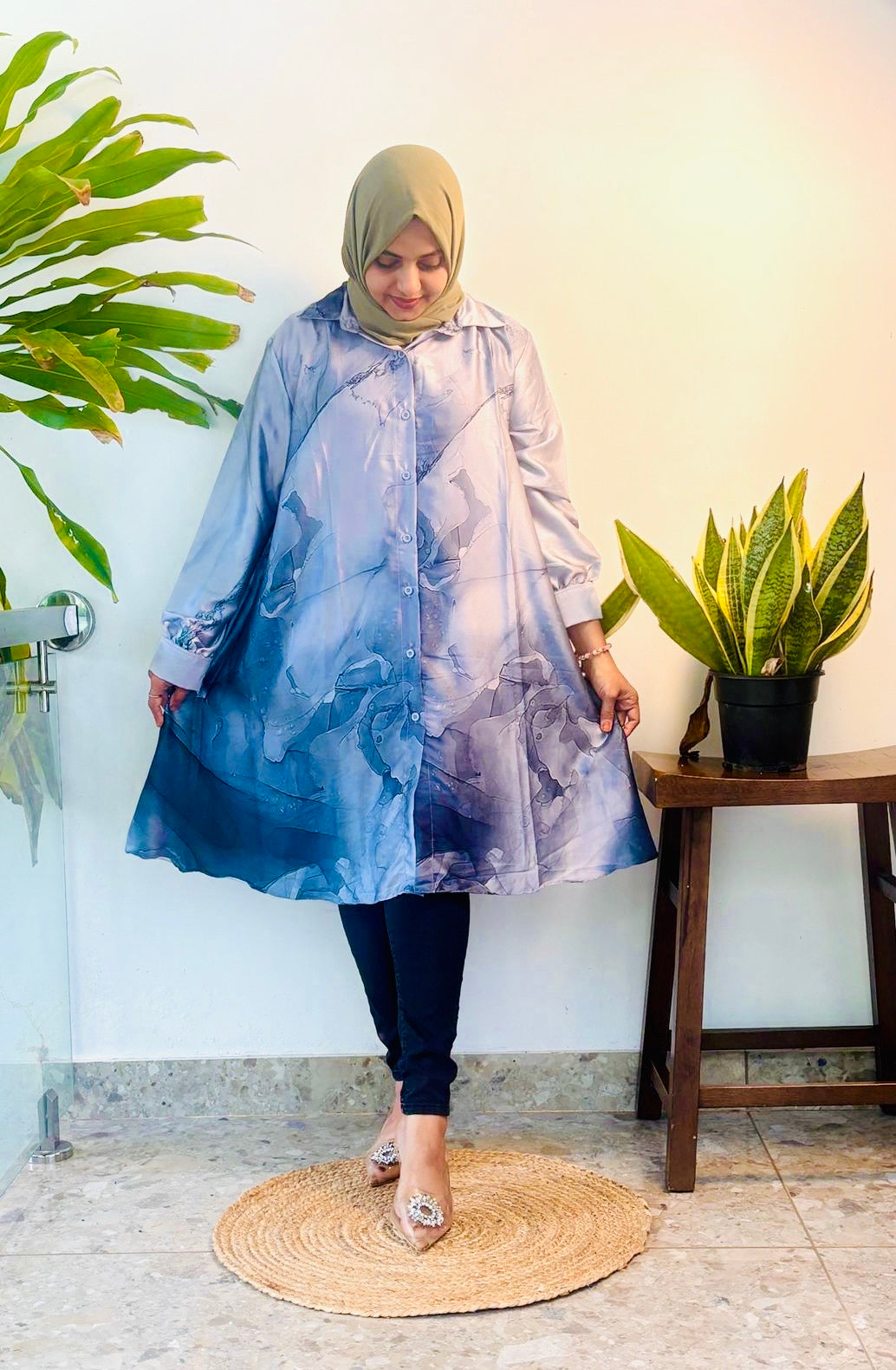 Satin top with easy button access – perfect for nursing moms!
