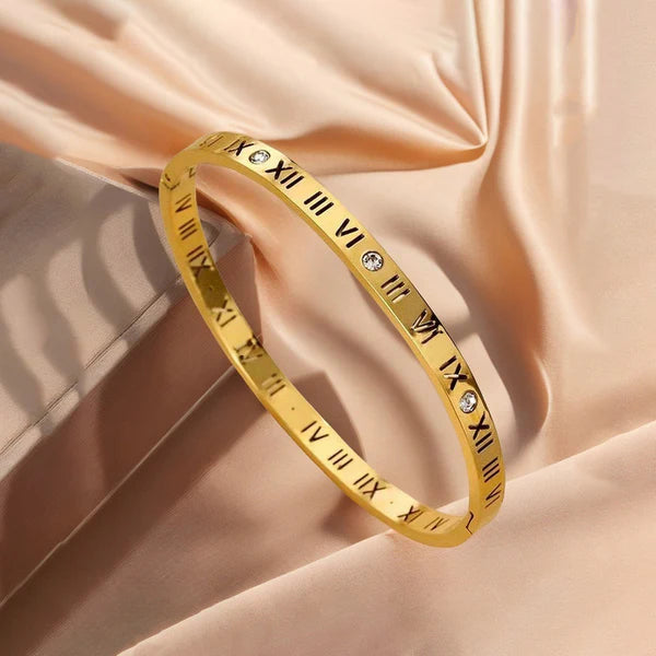 Gold-Plated AD Roman Numerals Anti-Tarnish Bangle Bracelet