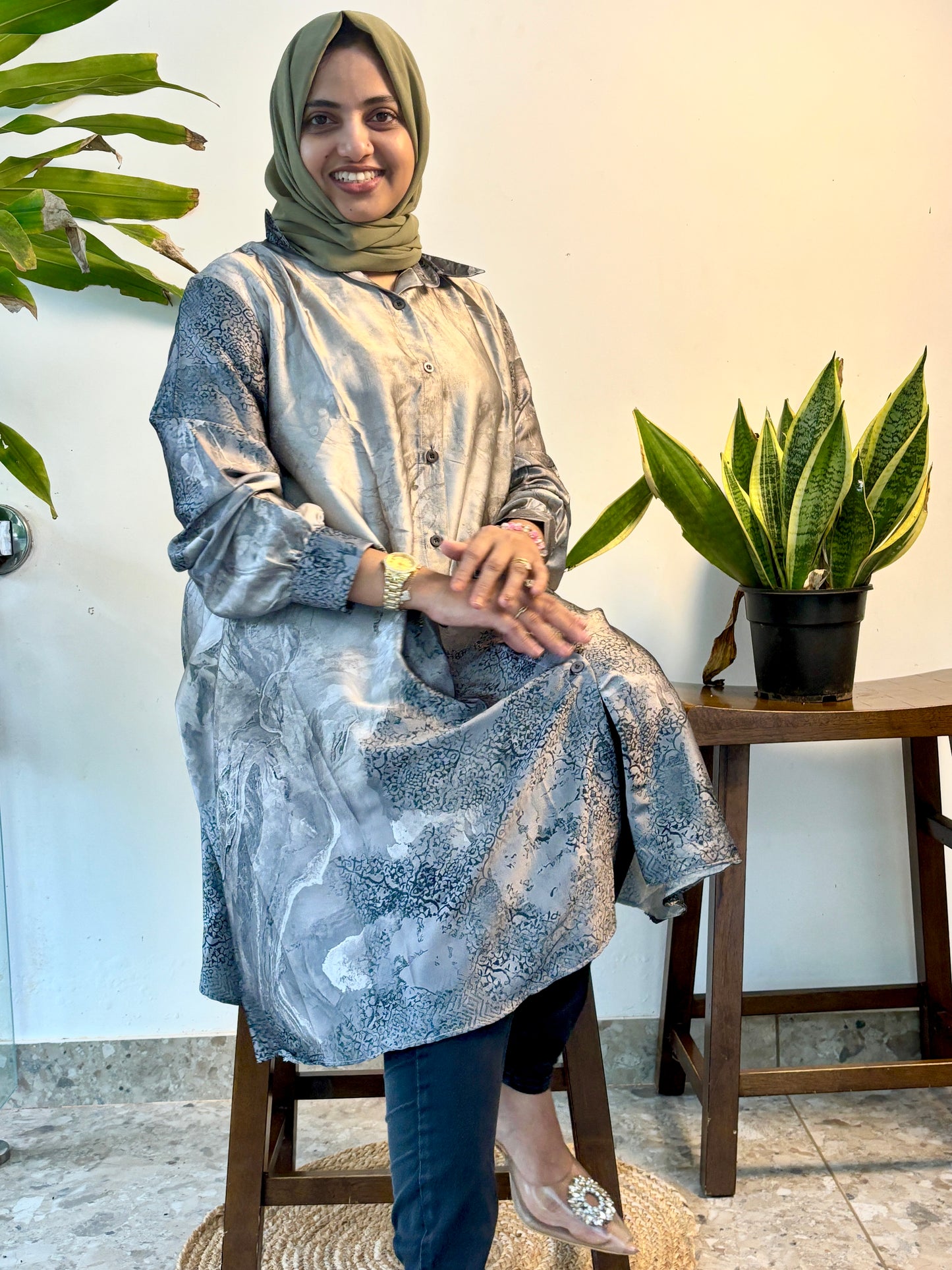 Satin top with easy button access – perfect for nursing moms!