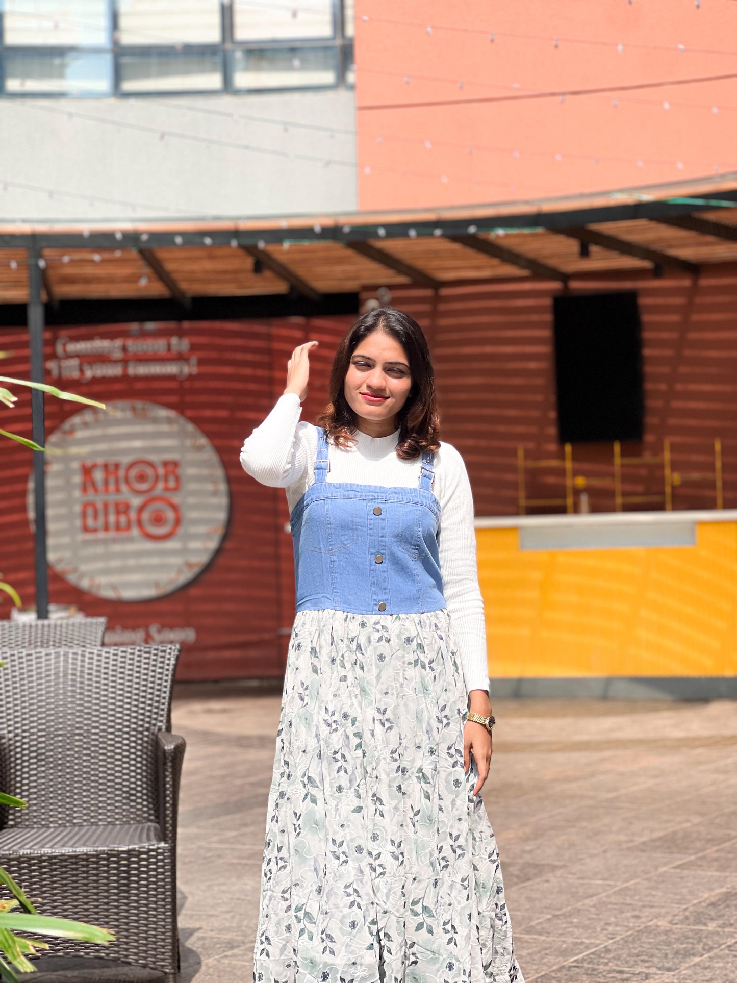 Pink / Mint tFloral Denim Fusion Maxi Dress
