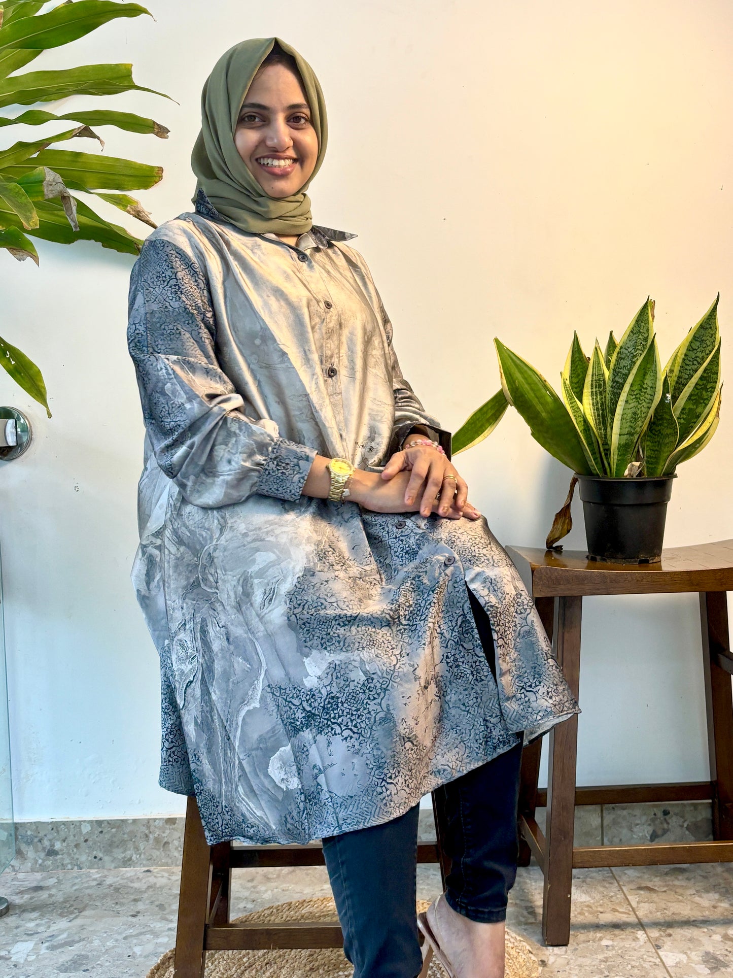 Satin top with easy button access – perfect for nursing moms!