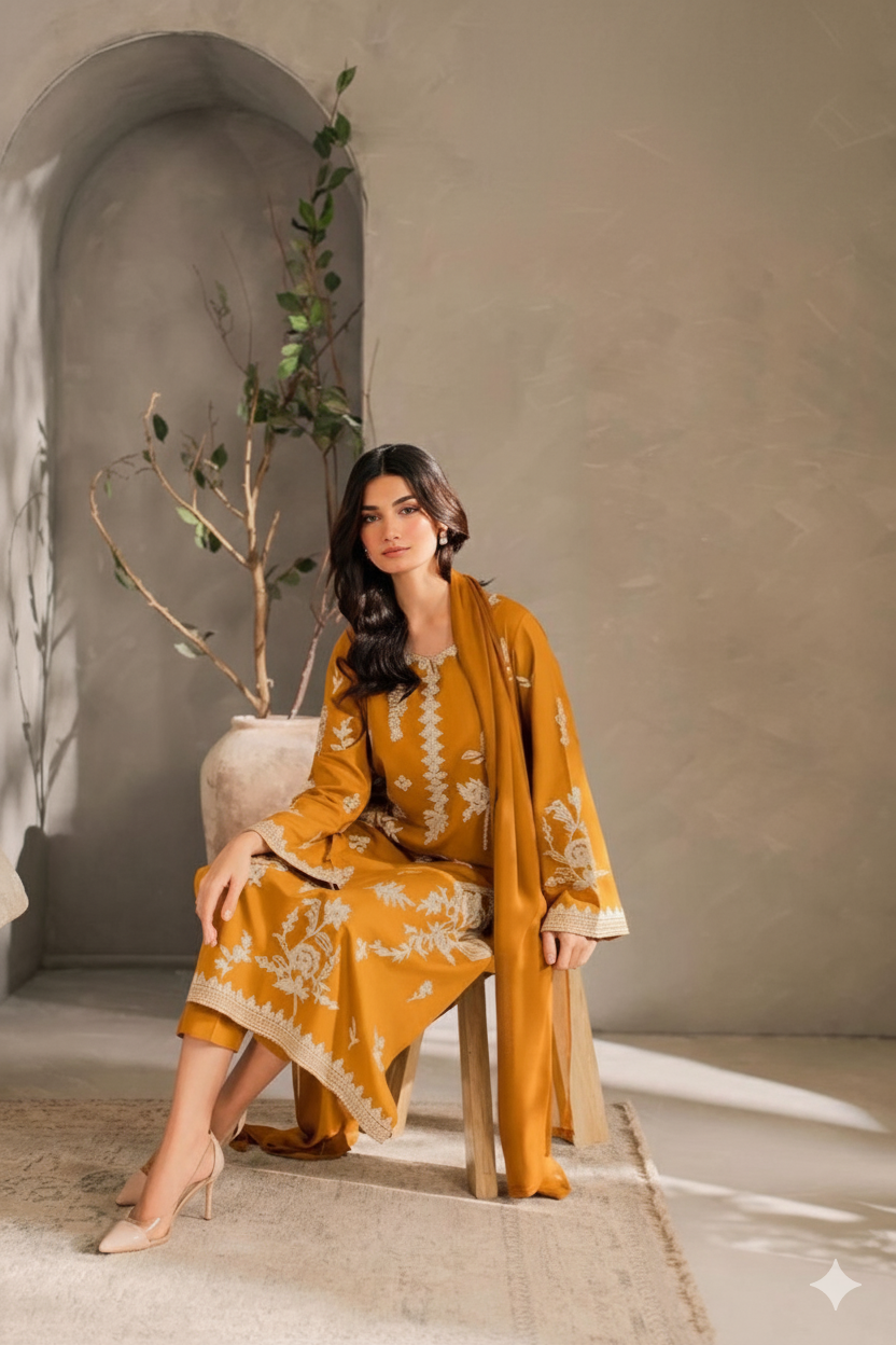 Best Seller Mustard 3-Piece Suit Set | Soft Crepe & Chiffon Dupatta