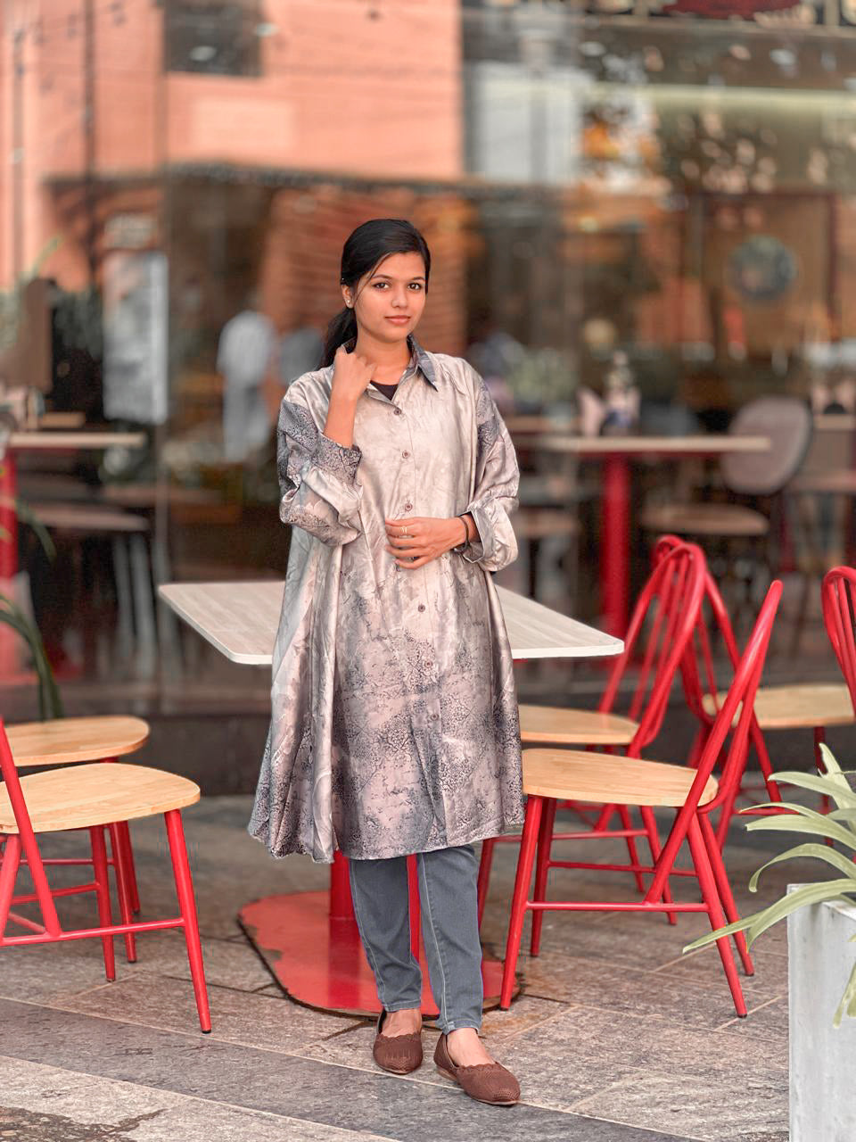 Elegant Silver-Grey Satin Shirt Dress