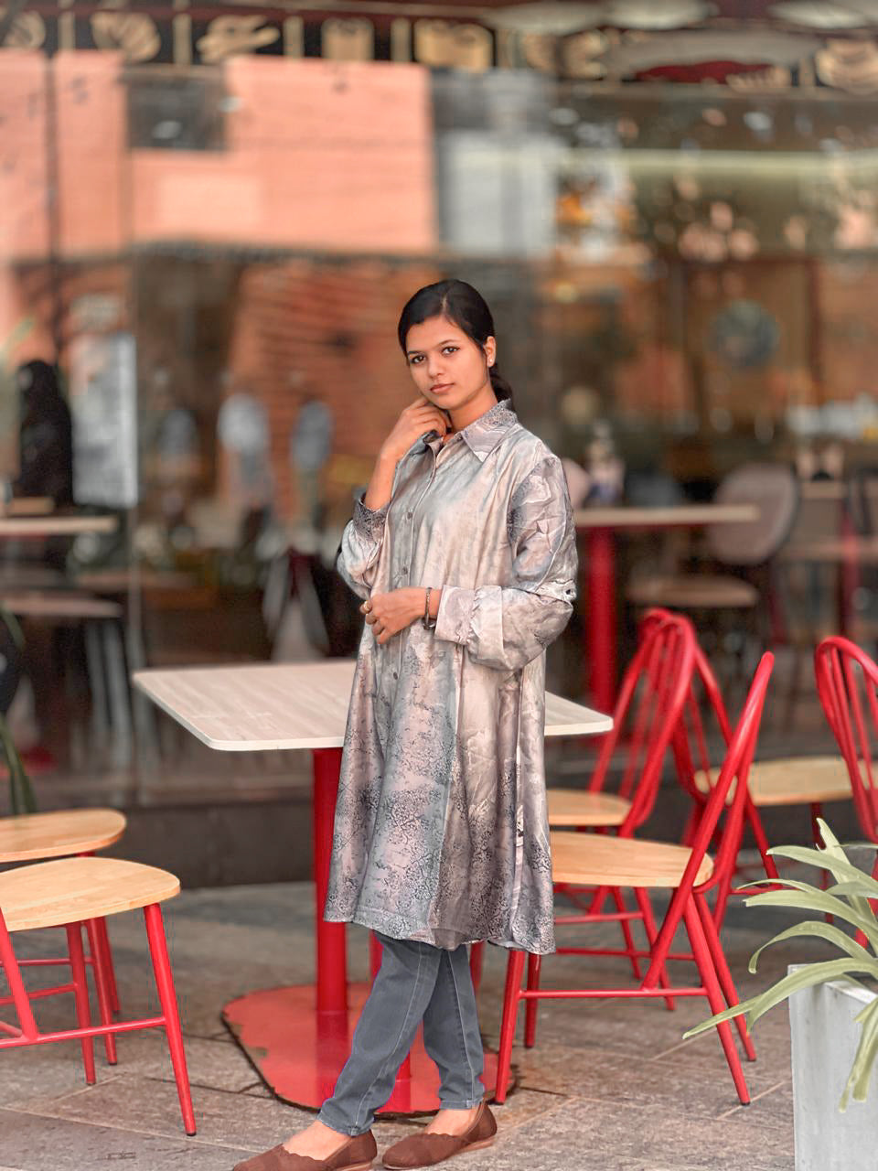 Elegant Silver-Grey Satin Shirt Dress