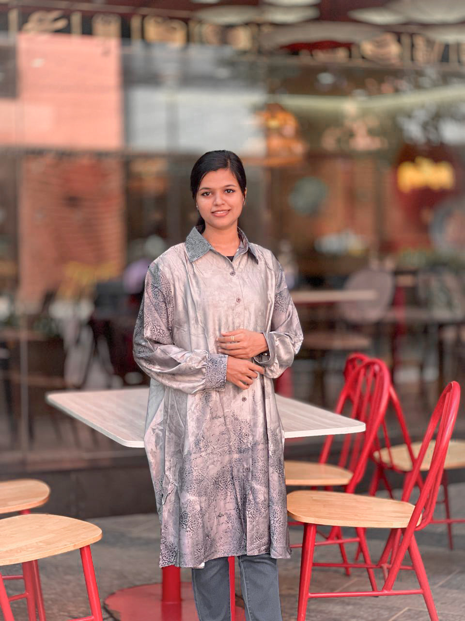 Elegant Silver-Grey Satin Shirt Dress