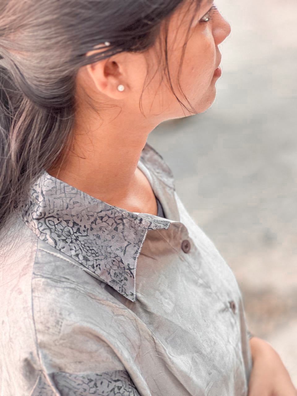 Elegant Silver-Grey Satin Shirt Dress
