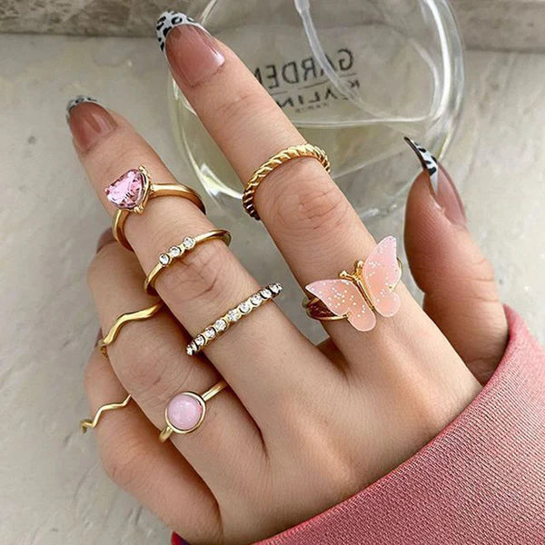 Gold-Plated Pink Stone & Butterfly Stackable Ring Set – 8 Pieces
