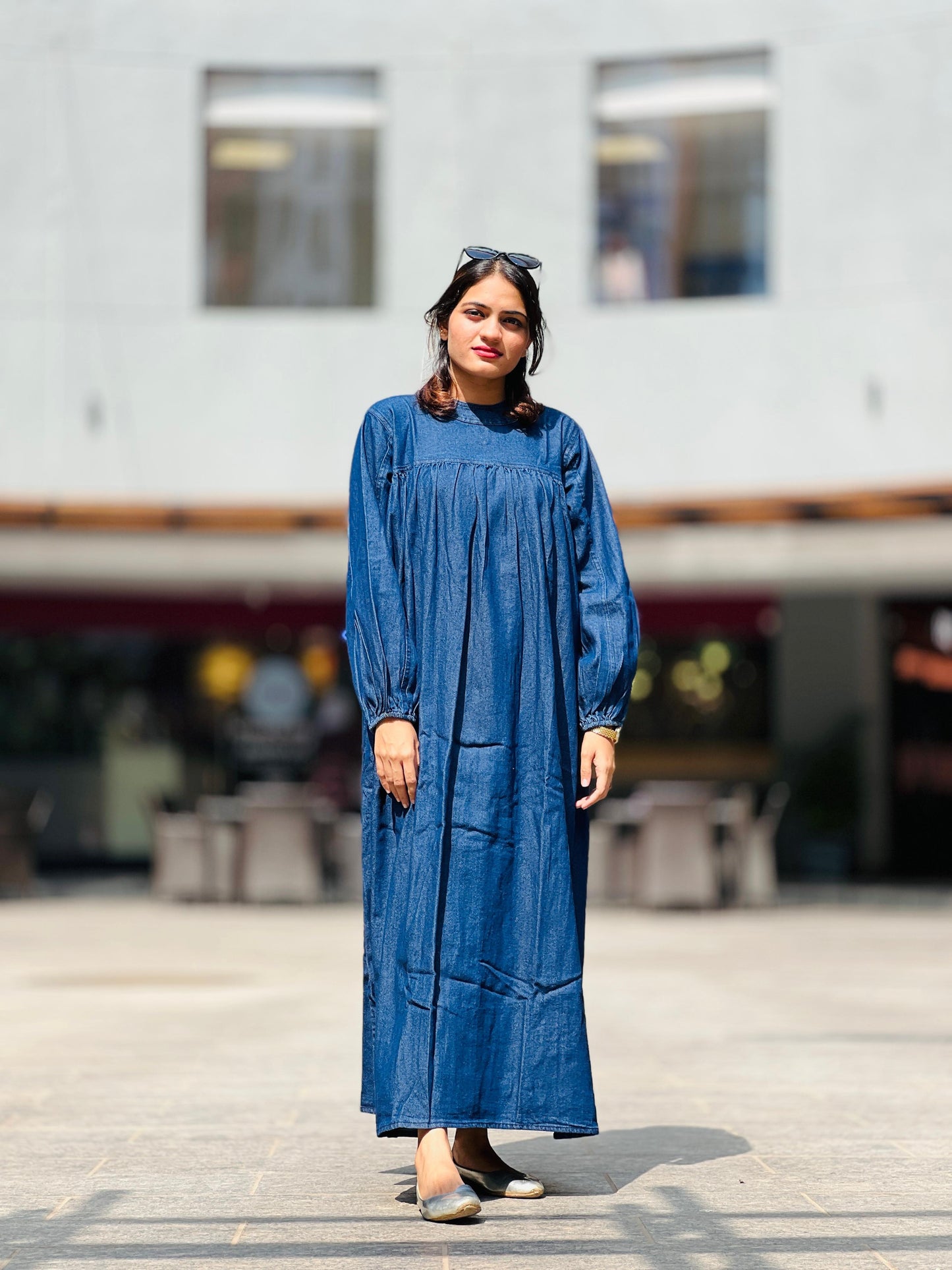 Denim Blue / Gray Flared Maxi Gown