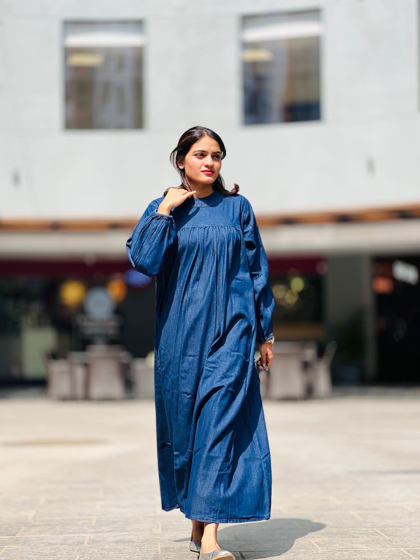 Denim Blue / Gray Flared Maxi Gown
