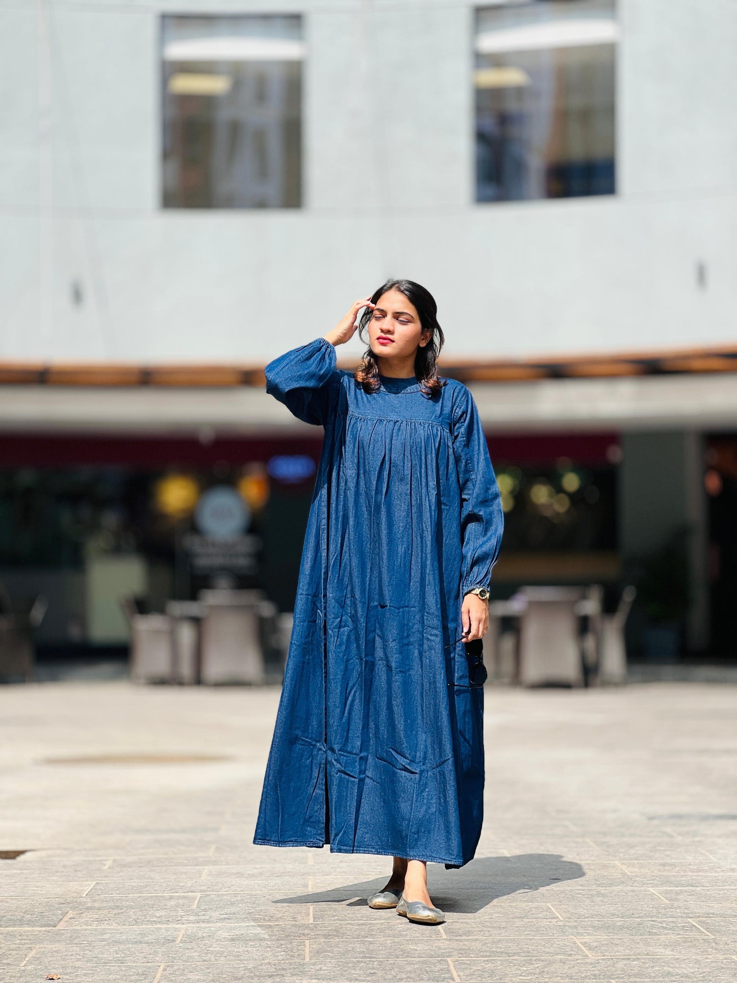 Denim Blue / Gray Flared Maxi Gown