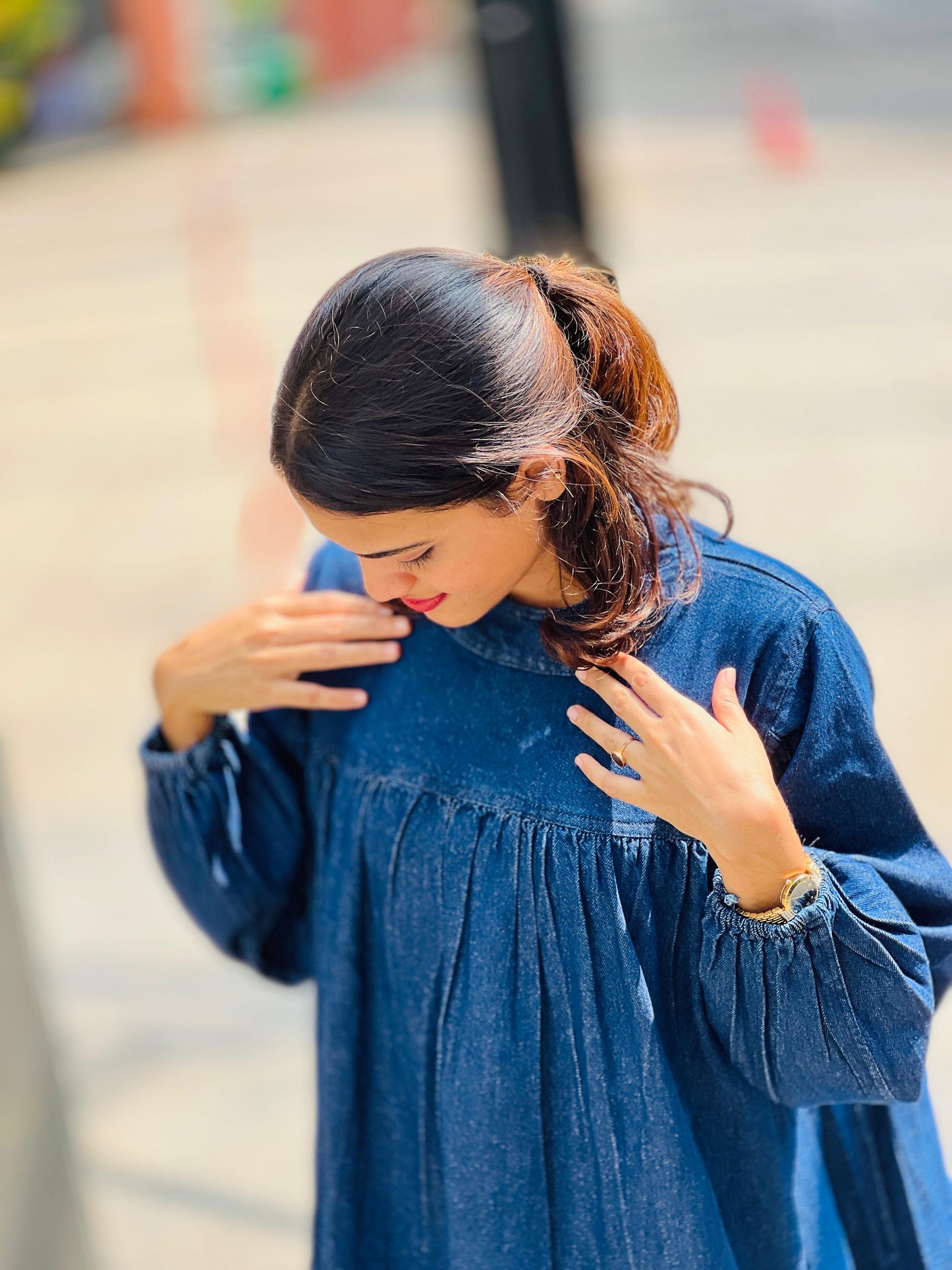 Denim Blue / Gray Flared Maxi Gown