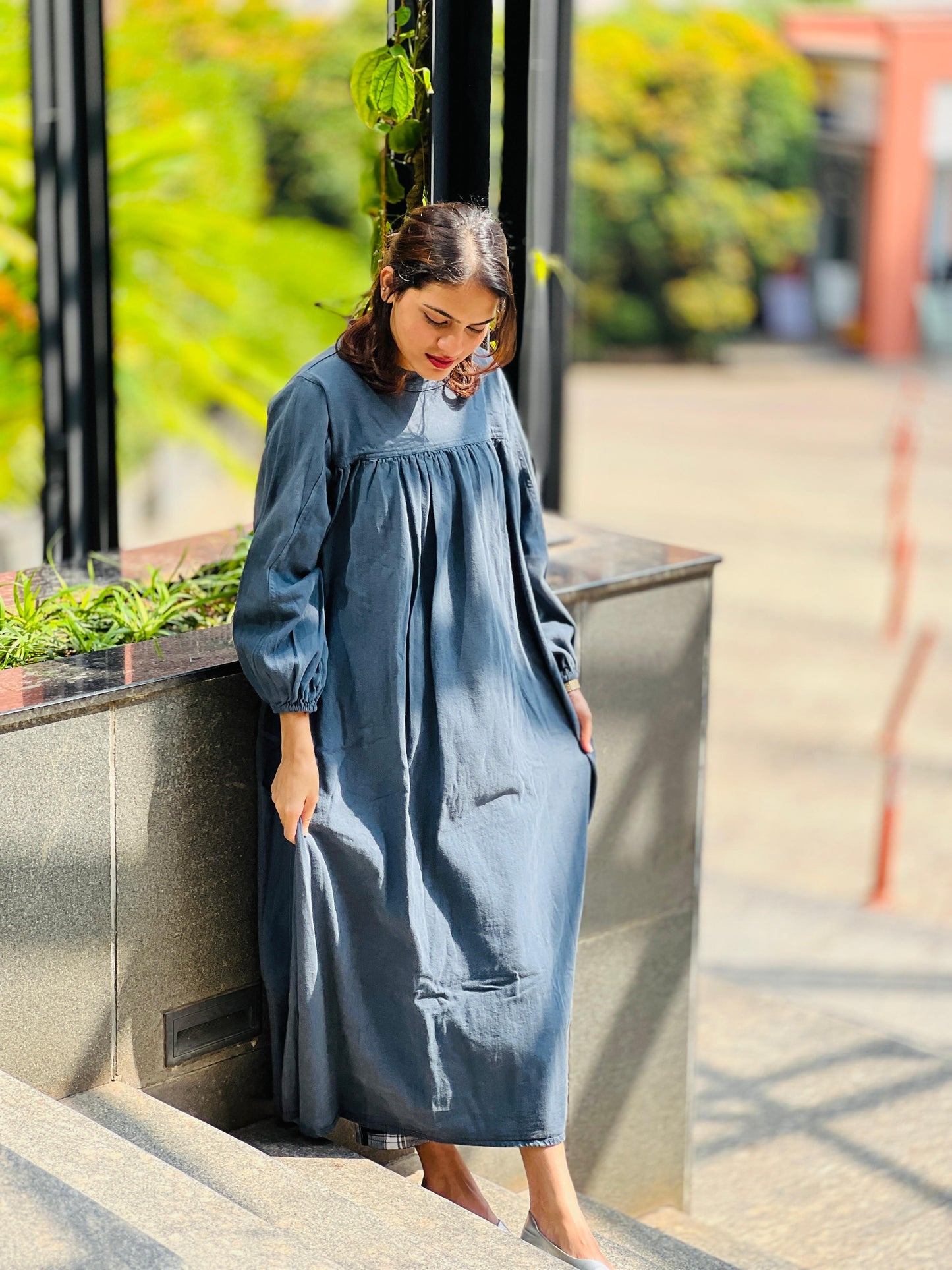 Denim Blue / Gray Flared Maxi Gown