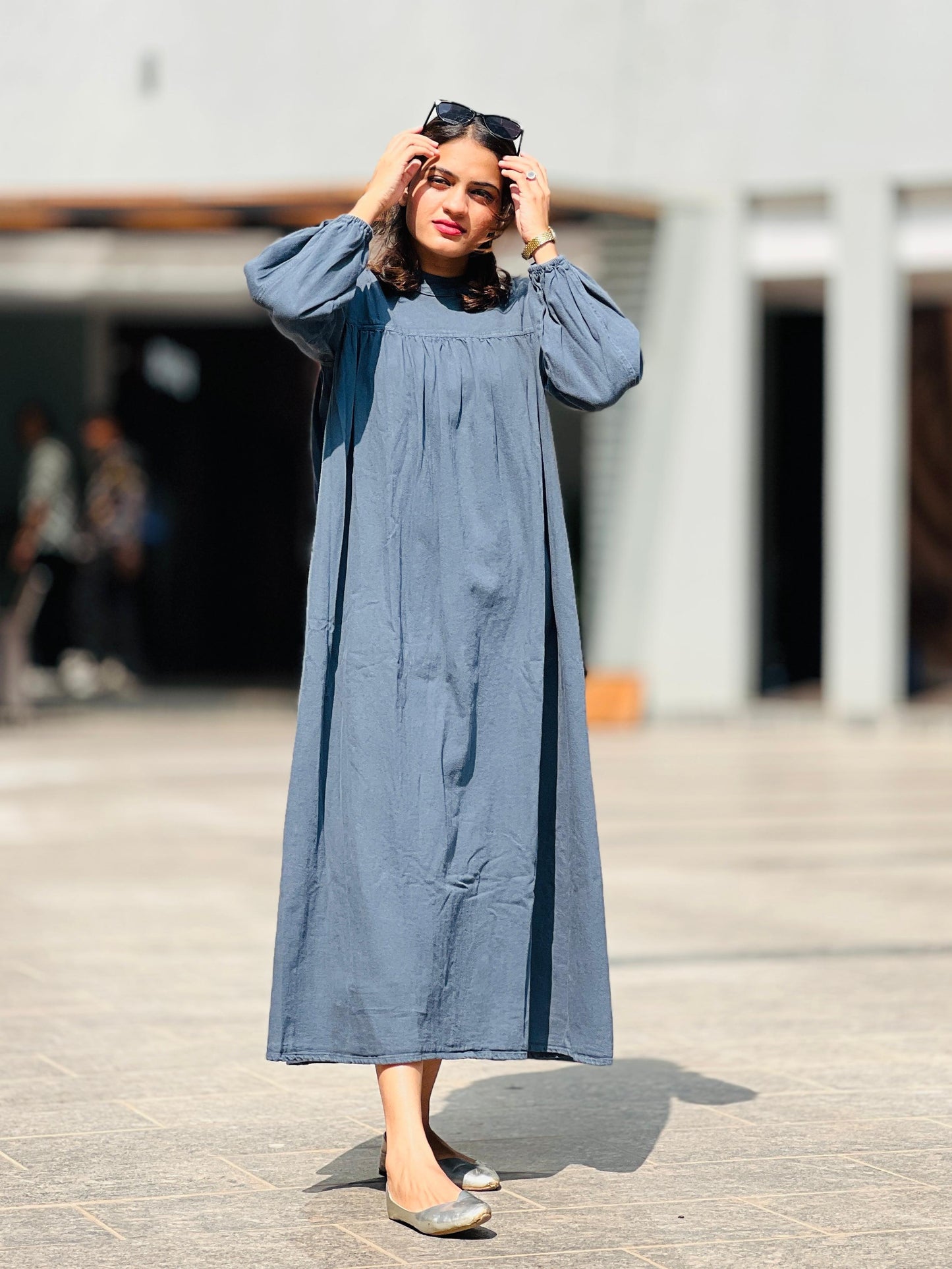 Denim Blue / Gray Flared Maxi Gown