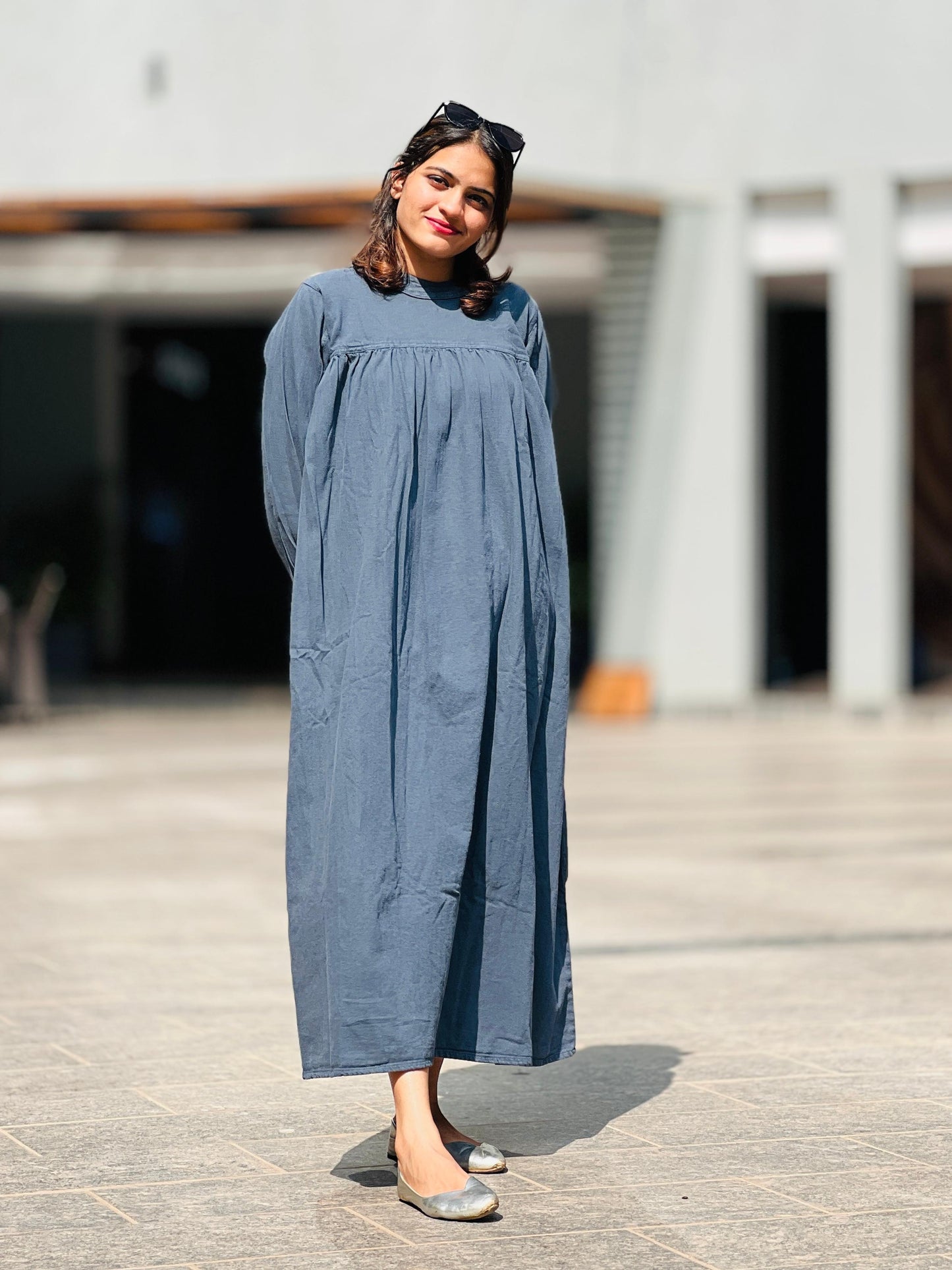 Denim Blue / Gray Flared Maxi Gown