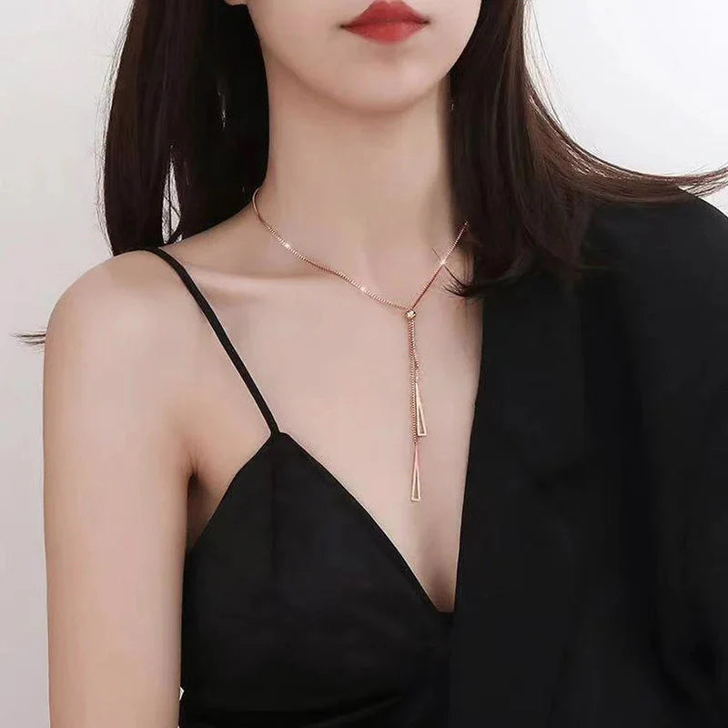Rose Gold Plated Stainless Steel Geometric Tassel Pull-Out Necklace