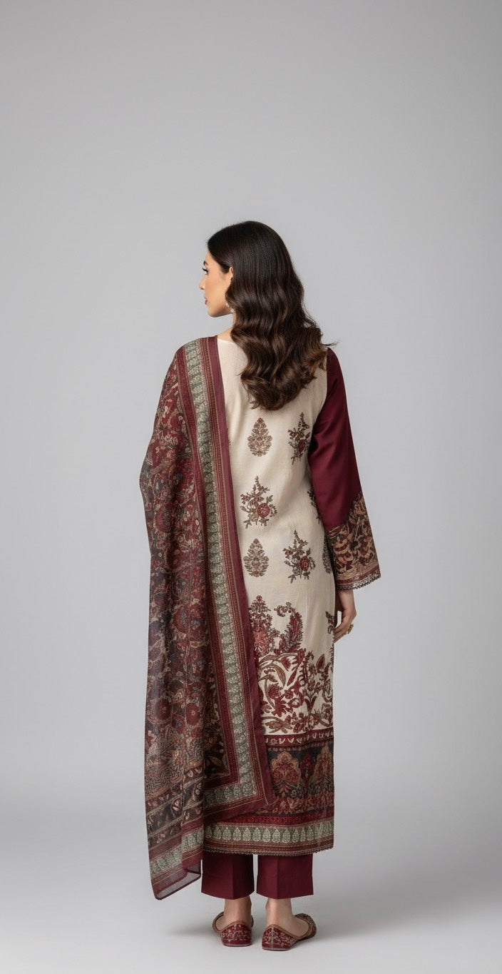 Premium Stitched Pakistani Suit – Cotton with Embroidery & Printed Dupatta chiffon