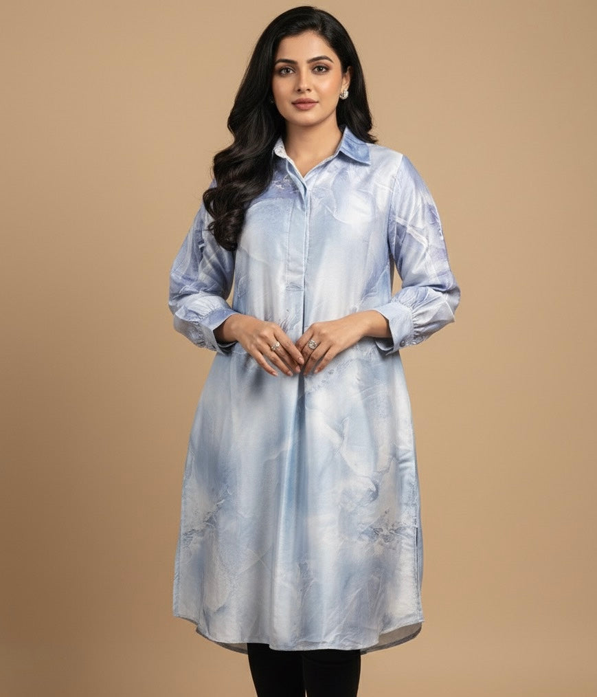 Sky Mist Satin Shirt Long Top