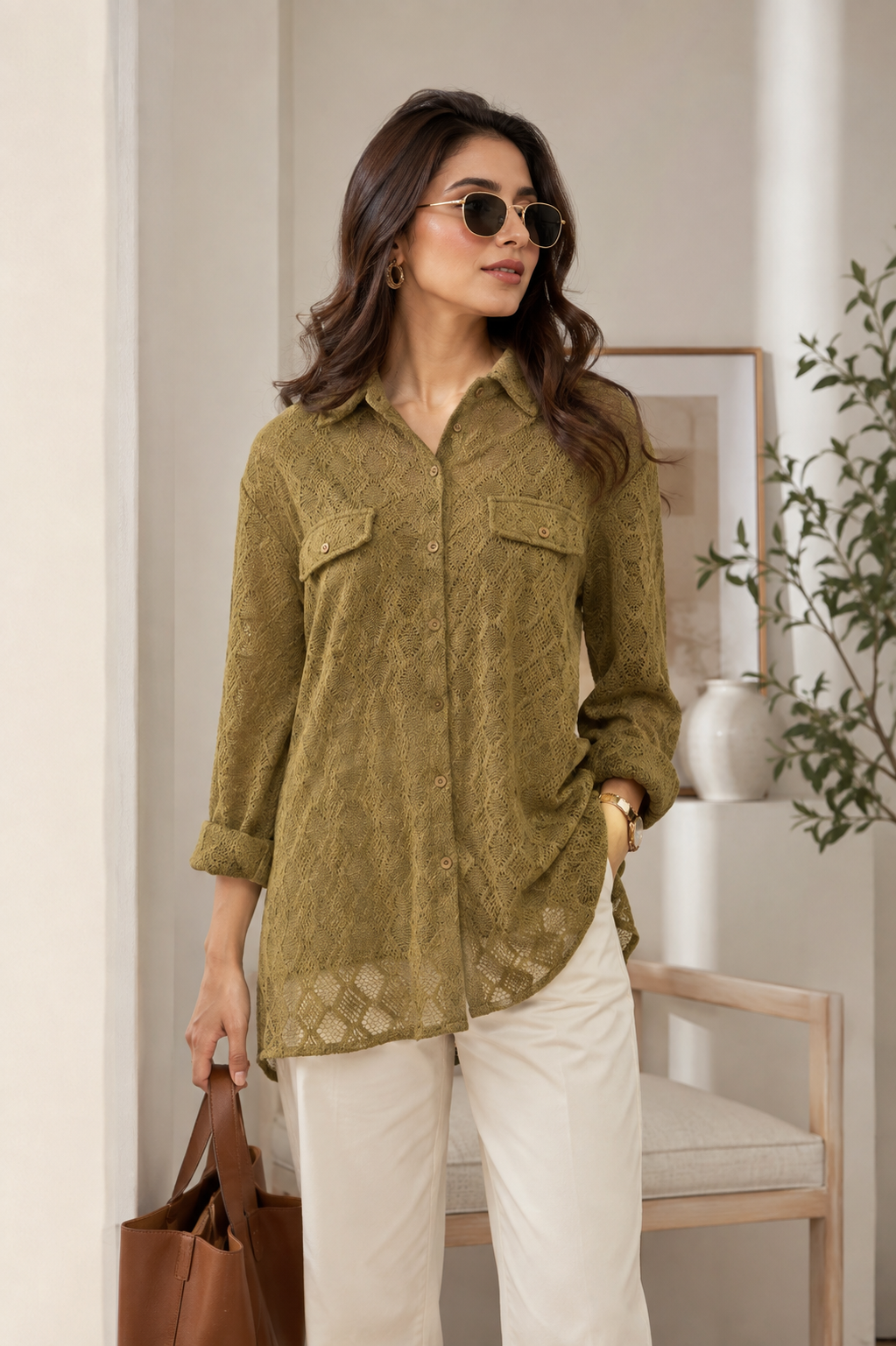Elegant Textured Button-Down Tunic Shirt