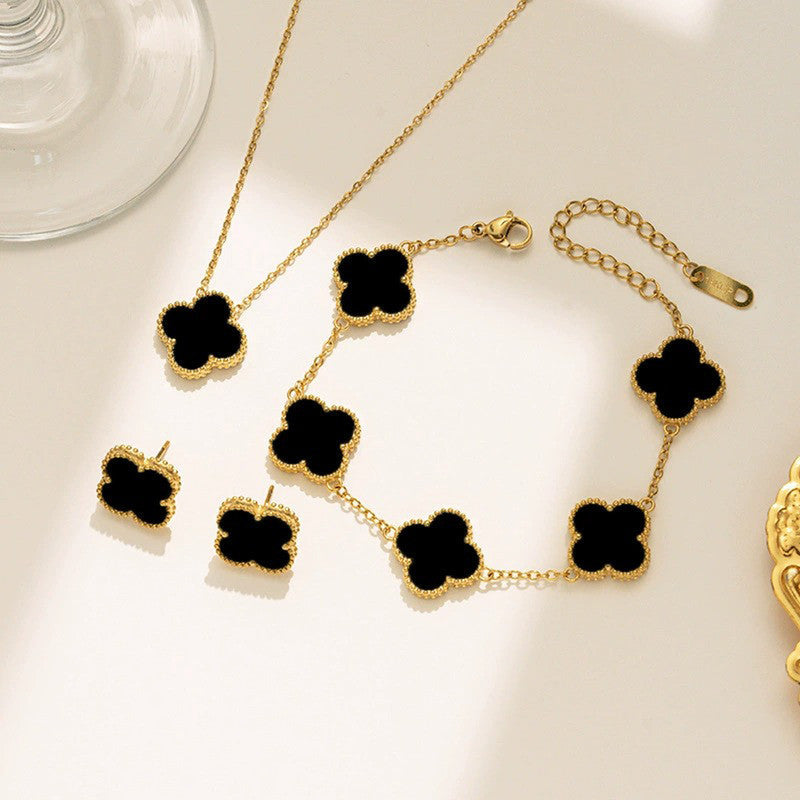Stainless Steel Gold-Plated Black Clover Jewellery Set – Anti-Tarnish Finish