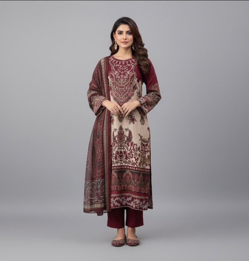 Premium Stitched Pakistani Suit – Cotton with Embroidery & Printed Dupatta chiffon