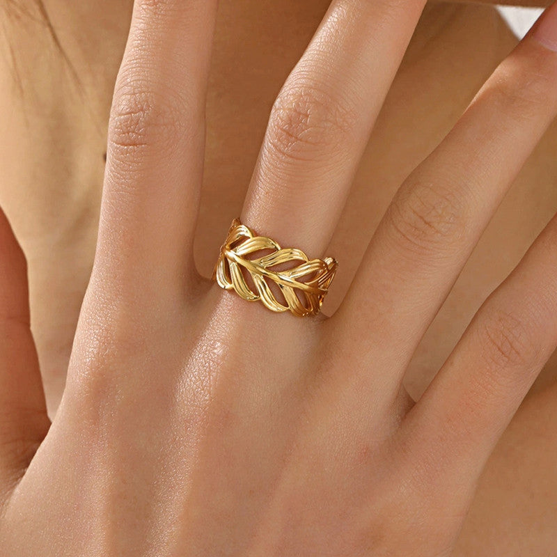 Gold-Plated Leaf Adjustable Ring – Anti-Tarnish Stainless Steel