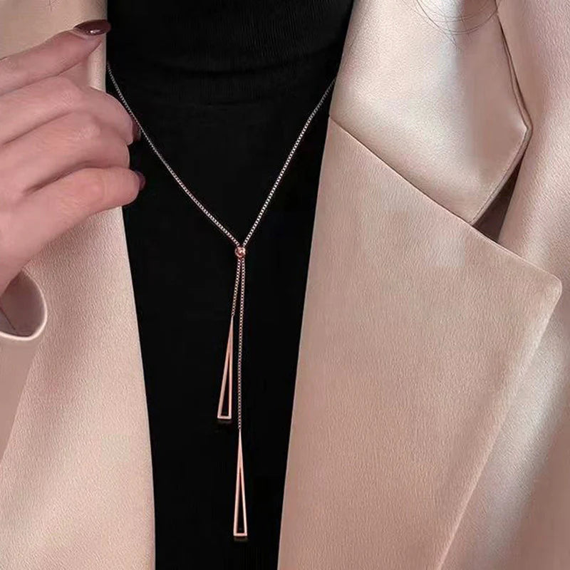 Rose Gold Plated Stainless Steel Geometric Tassel Pull-Out Necklace