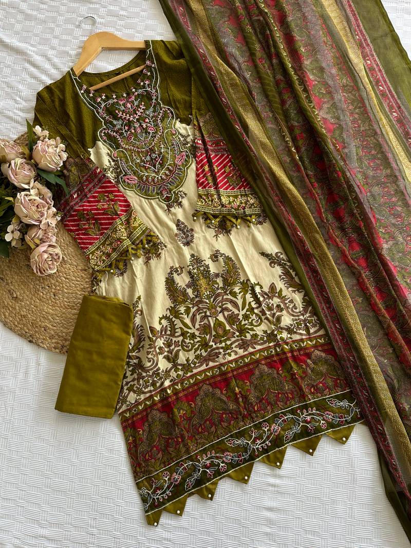 Premium Stitched Pakistani Suit – Cotton with Embroidery & Printed Dupatta chiffon