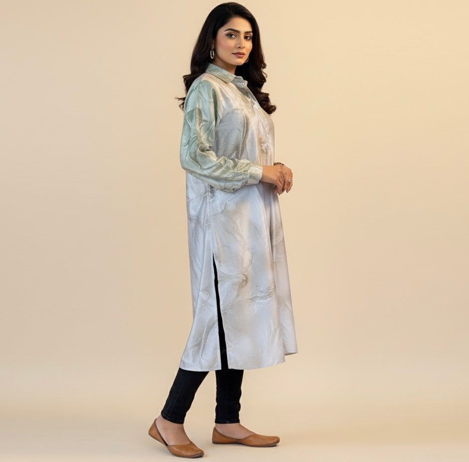 Mint Marble Satin Shirt Dress