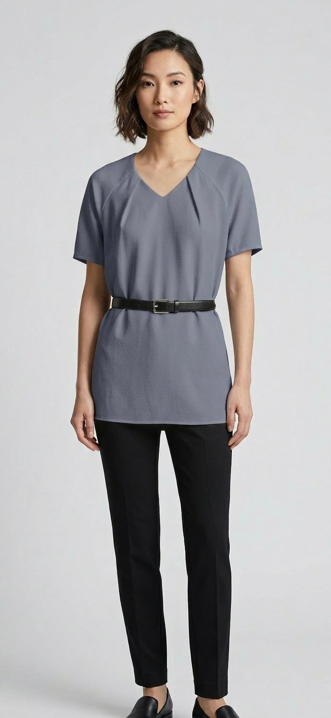Minimalist V-Neck Elegant Tunic Top – Ivory/Steel Grey