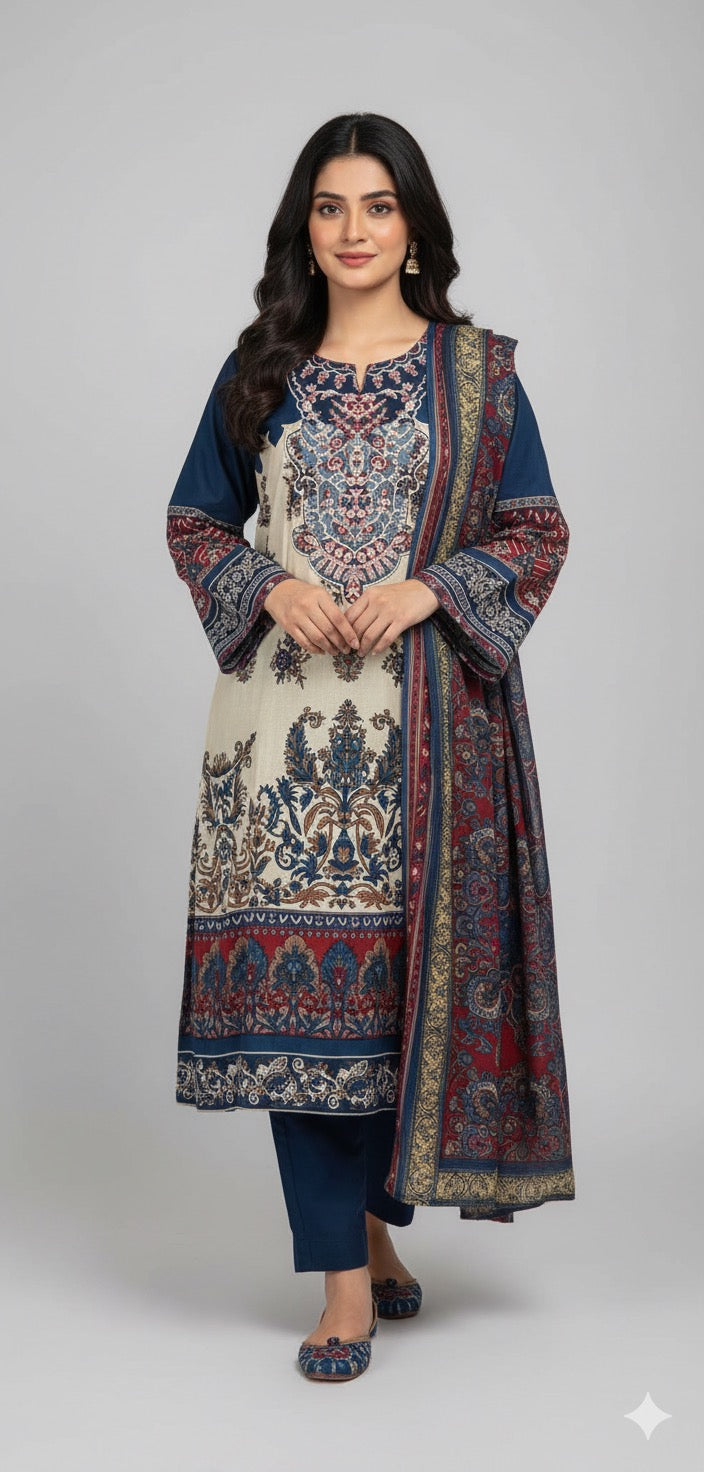 Premium Stitched Pakistani Suit – Cotton with Embroidery & Printed Dupatta chiffon