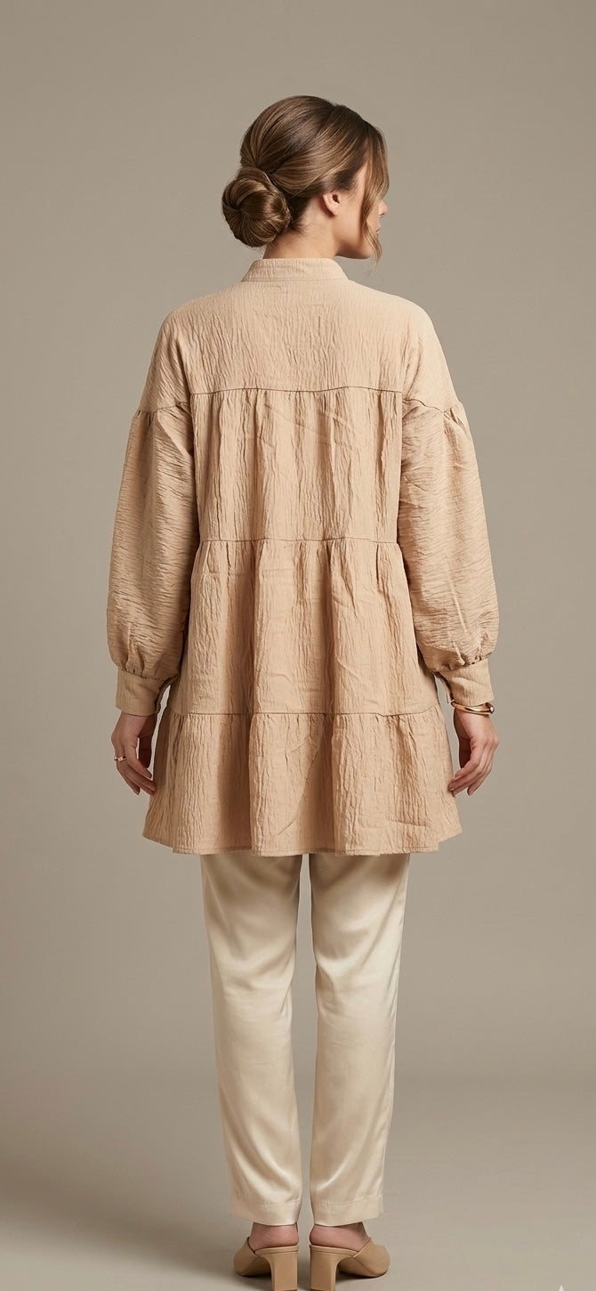 Elegant Shimmer Tiered Tunic Top – Beige
