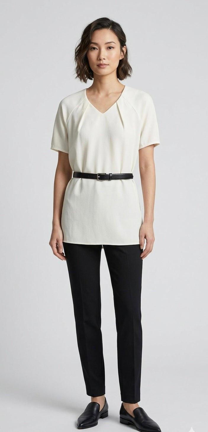 Minimalist V-Neck Elegant Tunic Top – Ivory/Steel Grey