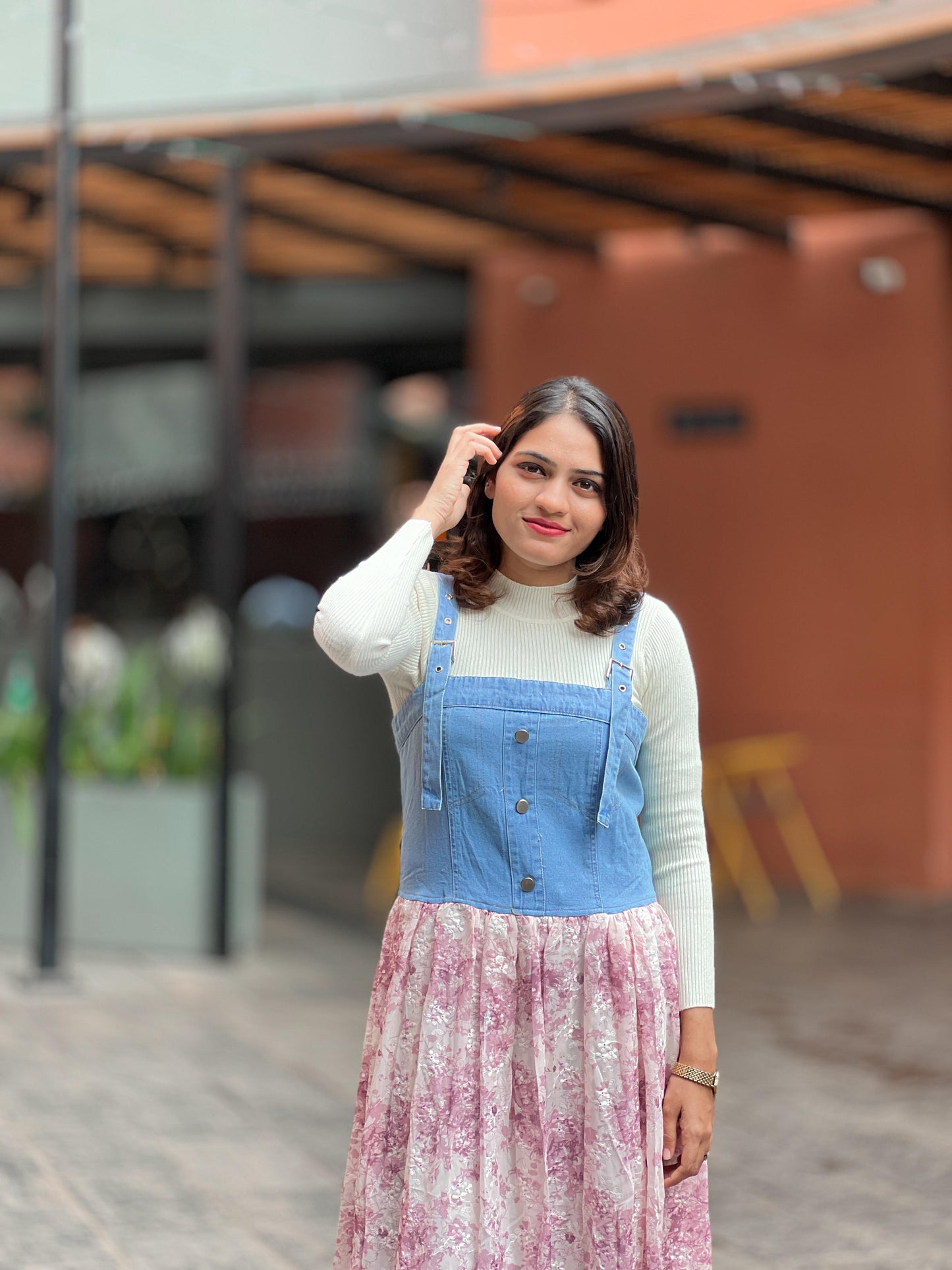 Pink / Mint tFloral Denim Fusion Maxi Dress