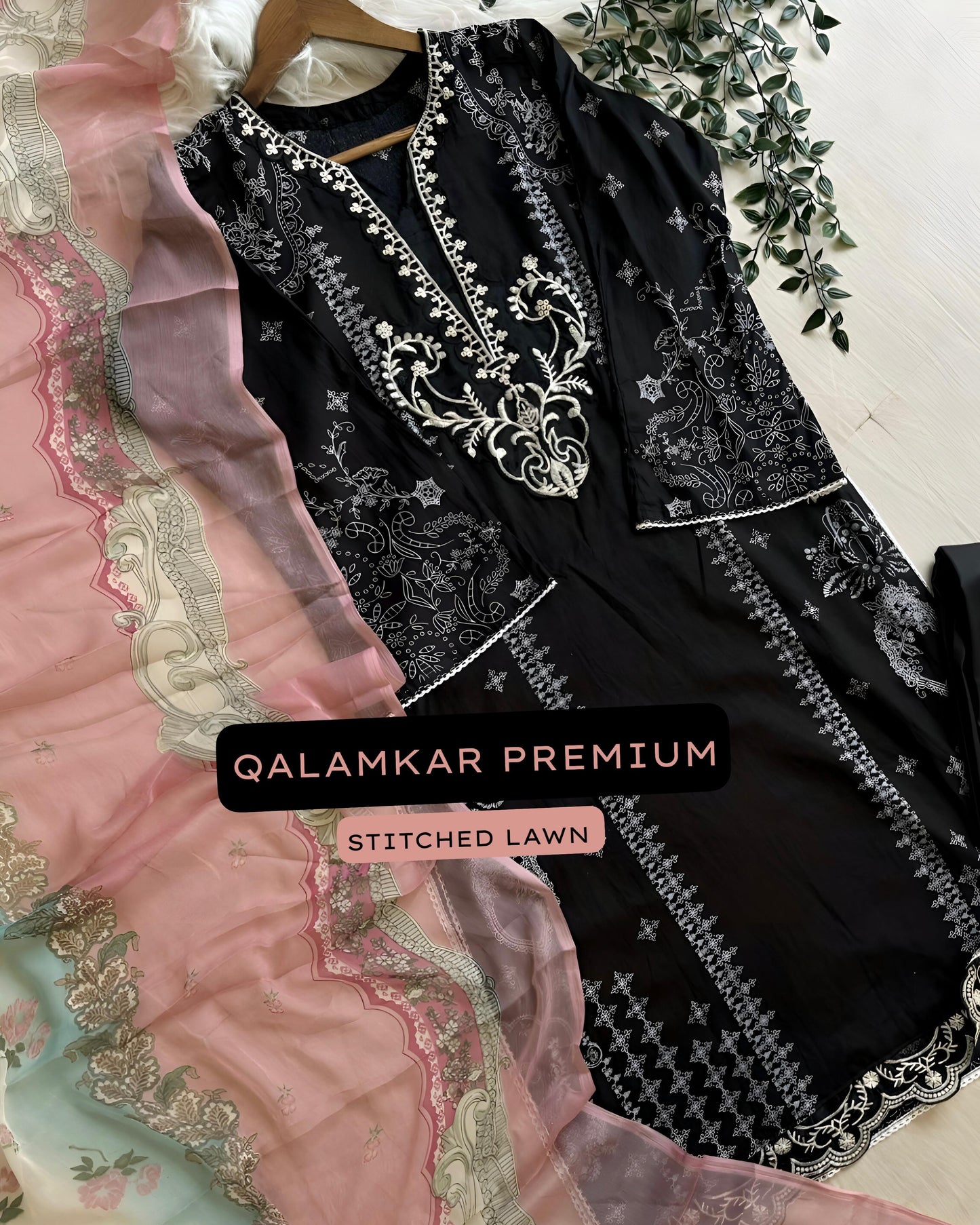 Qalamkar Premium Stitched Lawn Cotton Suit with Embroidery & Printed Dupatta