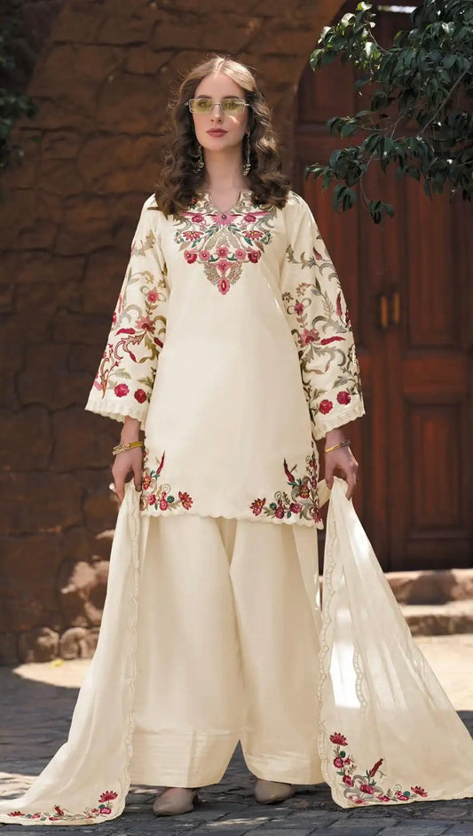 Viscose Sateen Silk Handwork Suit with Farsi Pants & Embroidered Jham Jham Dupatta – XL