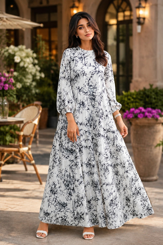 Elegant Bamboo Print Maxi Dress – Black & White