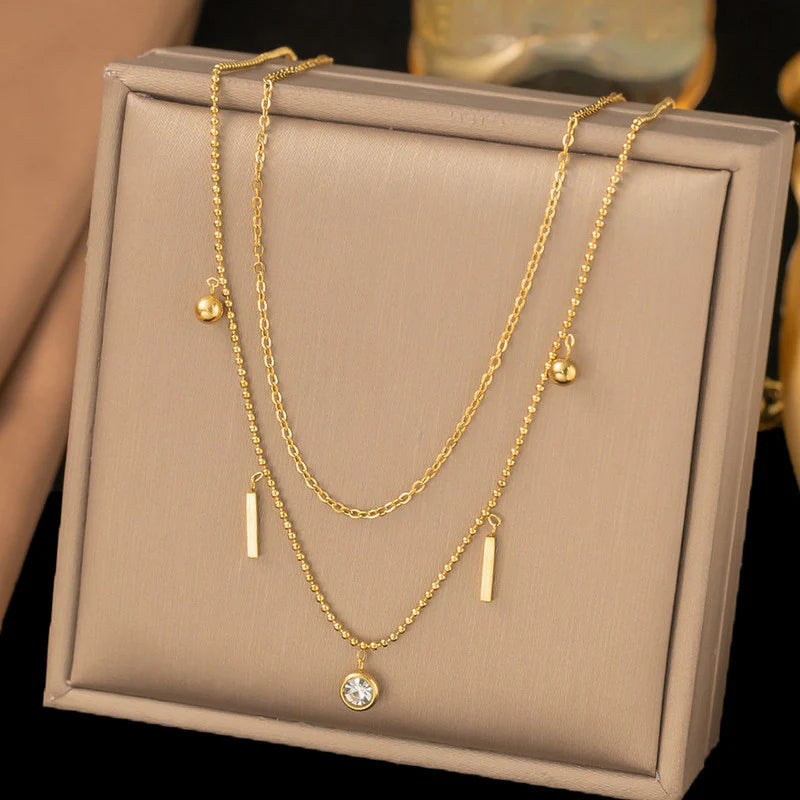 Gold Plated Anti-Tarnish Stainless Steel Geometric Layered Necklace