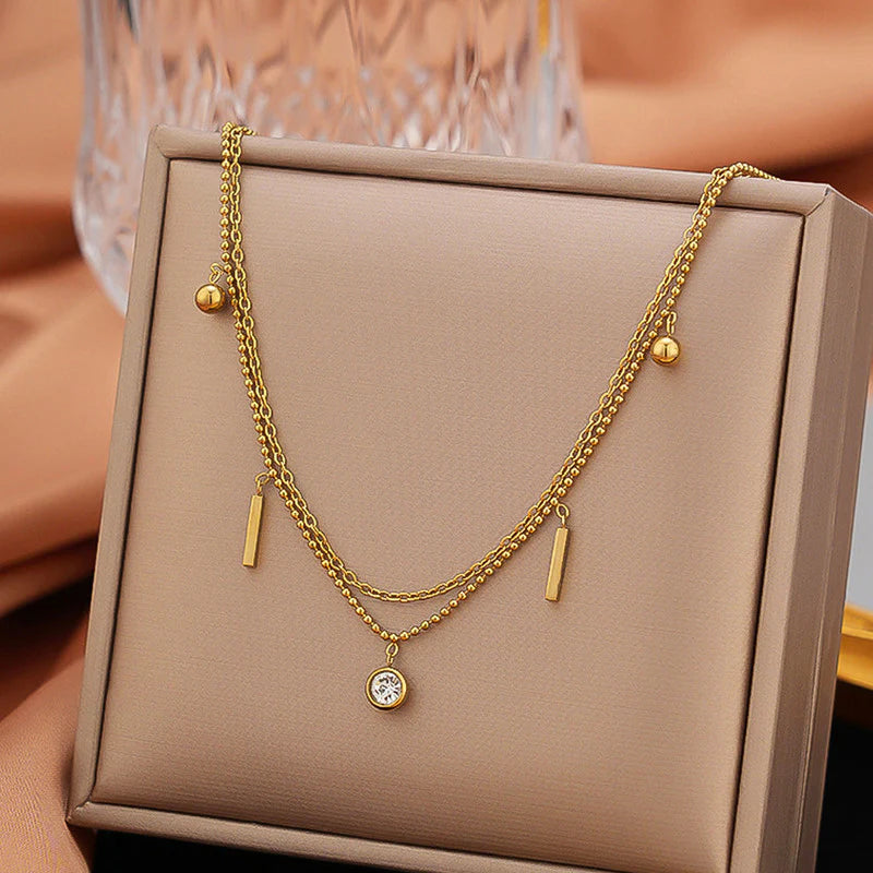Gold Plated Anti-Tarnish Stainless Steel Geometric Layered Necklace