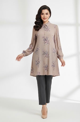 Soft Imported Floral Long Top – Beige