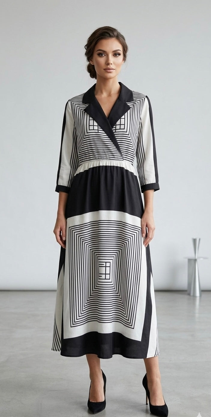 Elegant Geometric Print Designer Dress – Black & Ivory