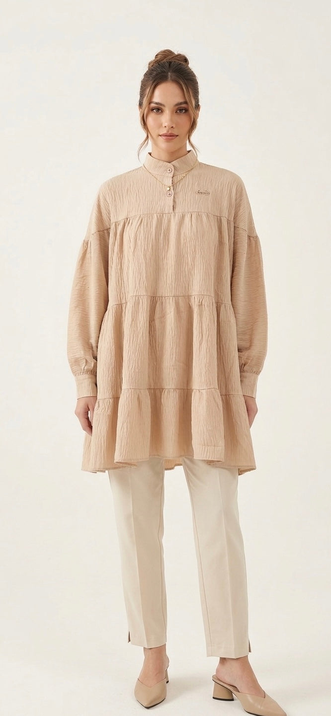 Elegant Shimmer Tiered Tunic Top – Beige